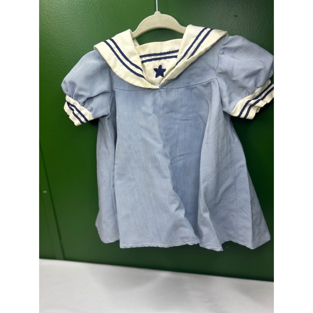 Vintage Toddletime JC Penney Sailor Dress Blue White Seersucker Stripe Size 1